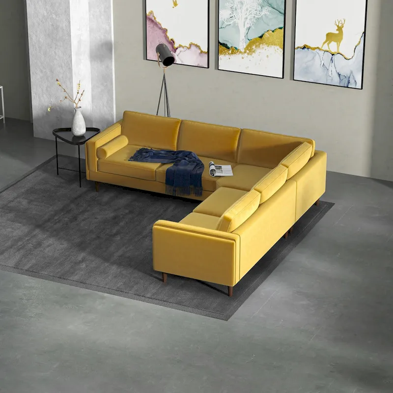Gold Velvet Symmetrical L-Shape Corner Sectional Sofa, Seats 5