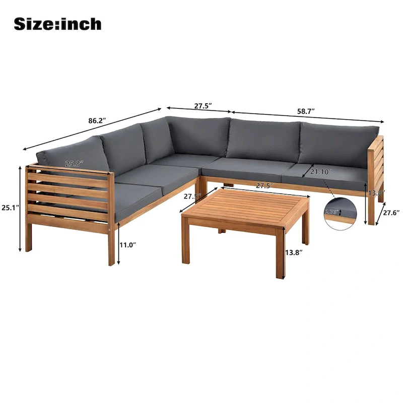 4-Piece Acacia Wood L-Shaped Sectional Sofa Set with Table