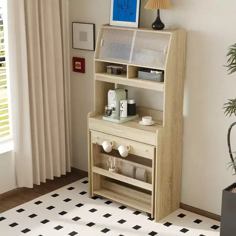 GDFStudio Henry Versatile Buffet Hutch with Foldable Dining Table, Storage Shelf and Side Hooks
