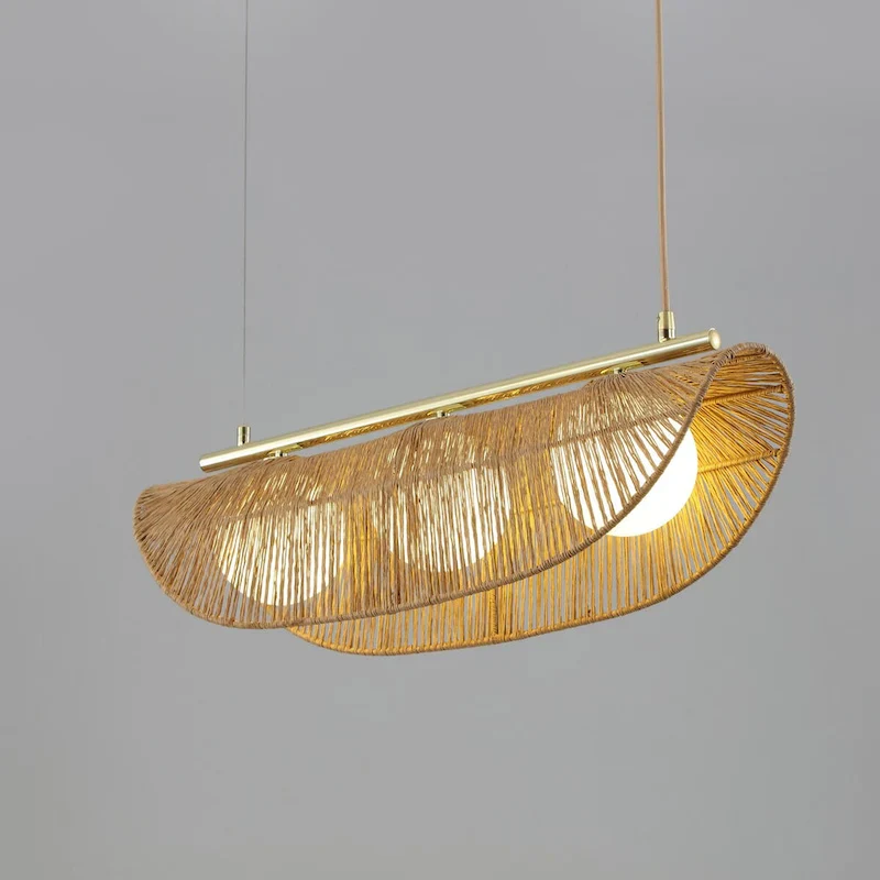Sovev 3-Light Brass Bohemia Dimmable Linear Globe Pendant Light with Frosted Glass Rattan Shade