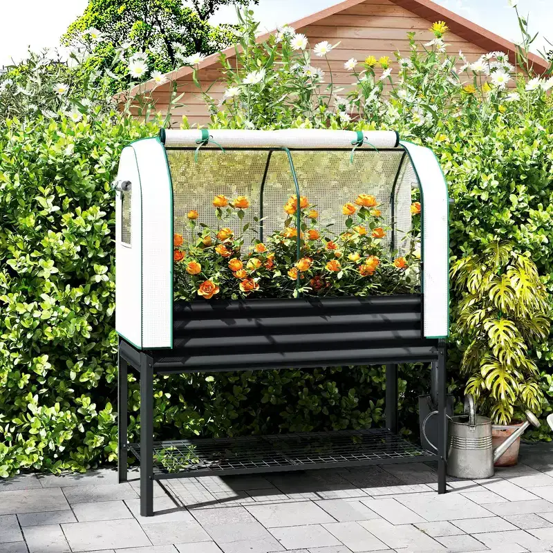 Outsunny Galvanised Raised Garden Bed with Greenhouse Cover, Metal Elevated Garden Bed with Bed Liner and Bottom Shelf