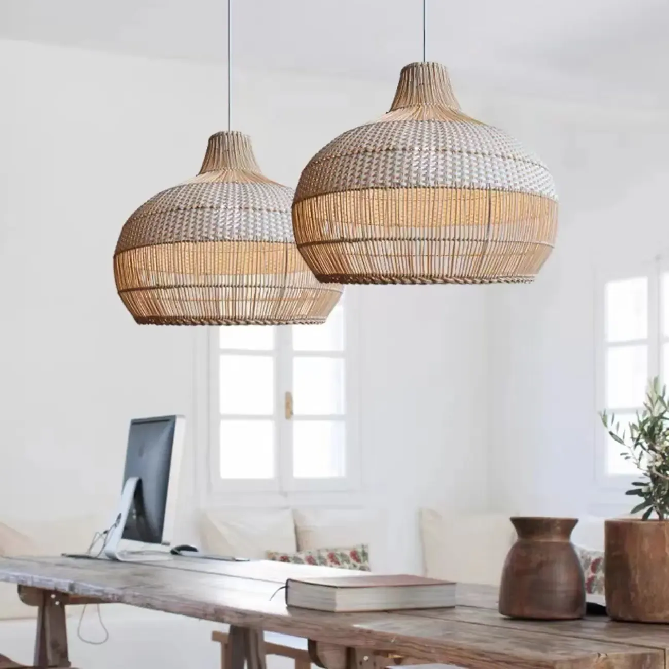 Wabi-Sabi Style Rattan Lantern LED Pendant Lamp for Living Room