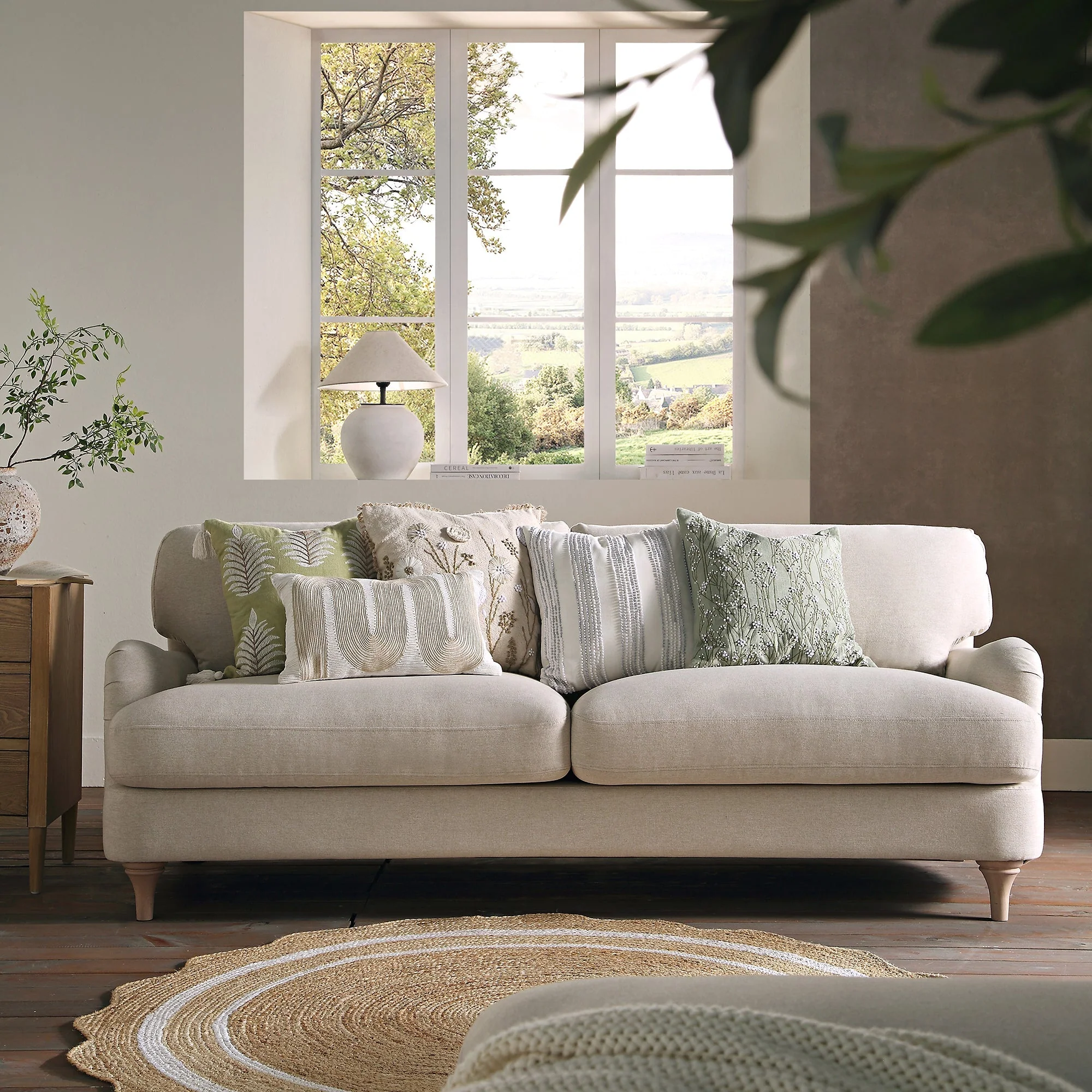 Oatmeal Fabric Sofa, 3-Seater