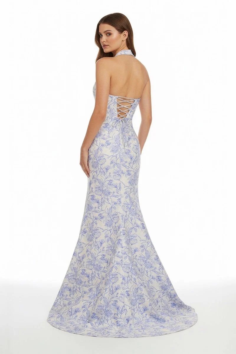 Sky Blue Halter Floral Jacquard Mermaid Long Formal Prom Dresses With Slit