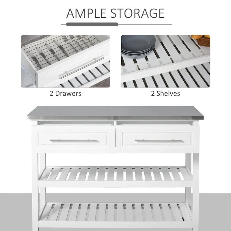Rolling Kitchen Cart - White - Stainless Steel Top - 3-Tier Storage