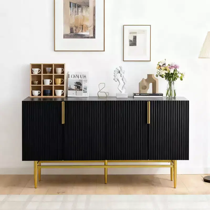 Hostack 4-Door Sideboard Cabinet with Gold Metal Handles and Elegant Storage for Dining and Living Room, Black