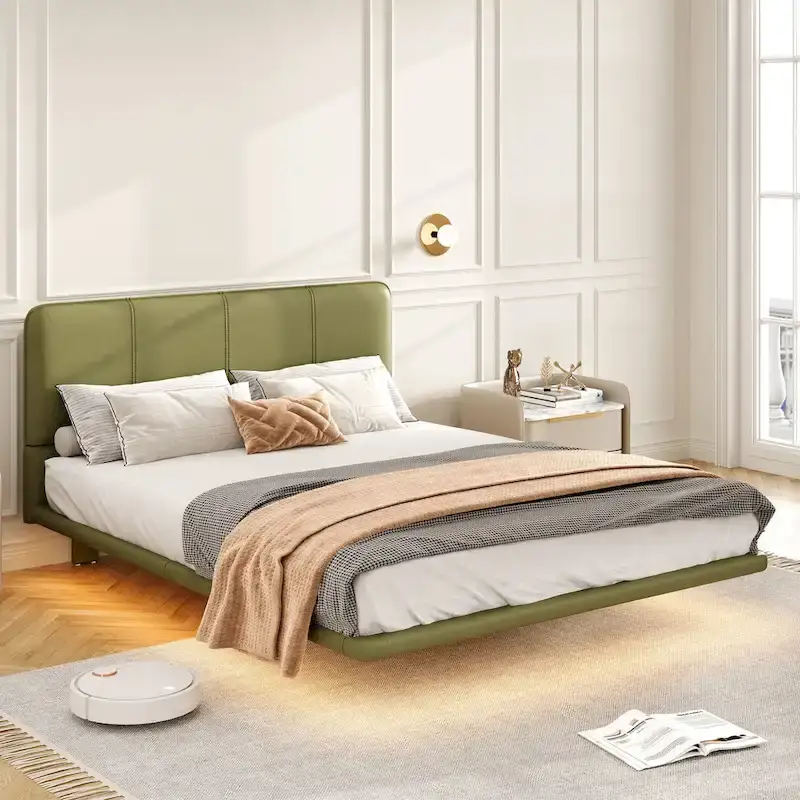 Korli Modern Upholstered Leather Floating Bedframe & Headboard Set with LED Lighting by Christopher Knight Home