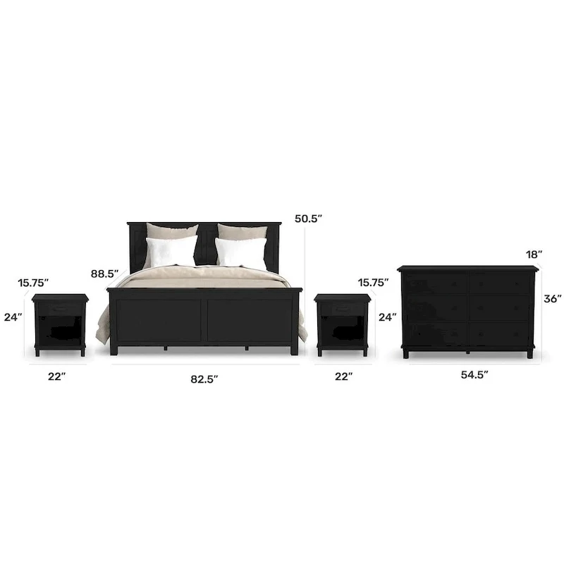 Homestyles 4-Piece Oak Park Black Wood King Bed, Two Nightstands and Dresser Set