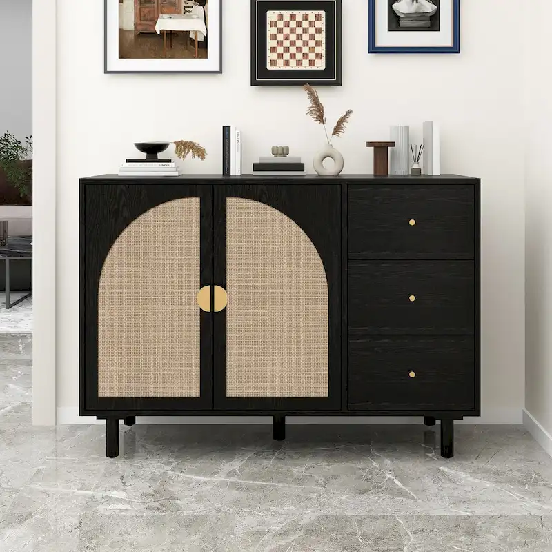 Storage Cabinet with 2 Doors and 3 Drawers - Rattan Design (Natural/Black)