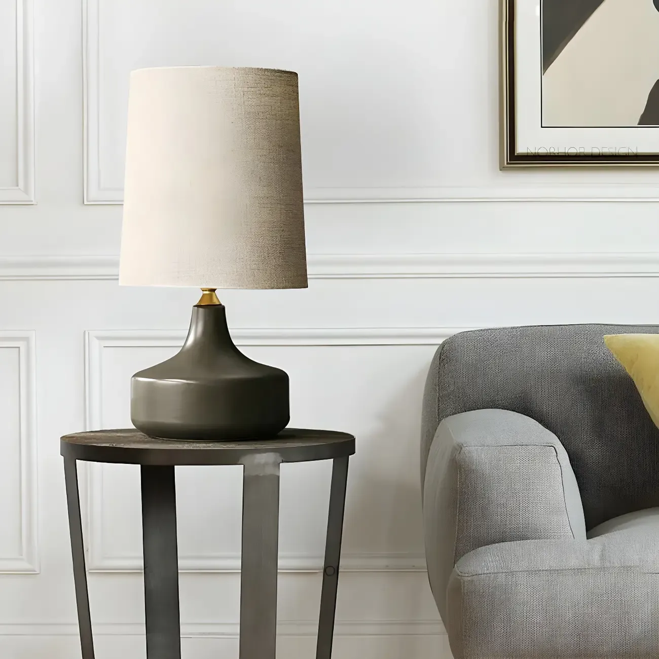 Modern Ceramic Barrel Bedside Table Lamp with Linen Shade