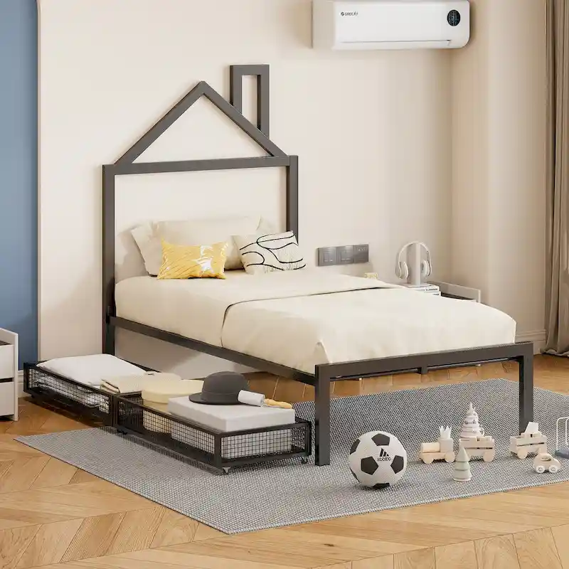 Black / Pink / White Twin Metal Platform Bed with 2 Storage Drawers, House-Shaped Headboard, Single