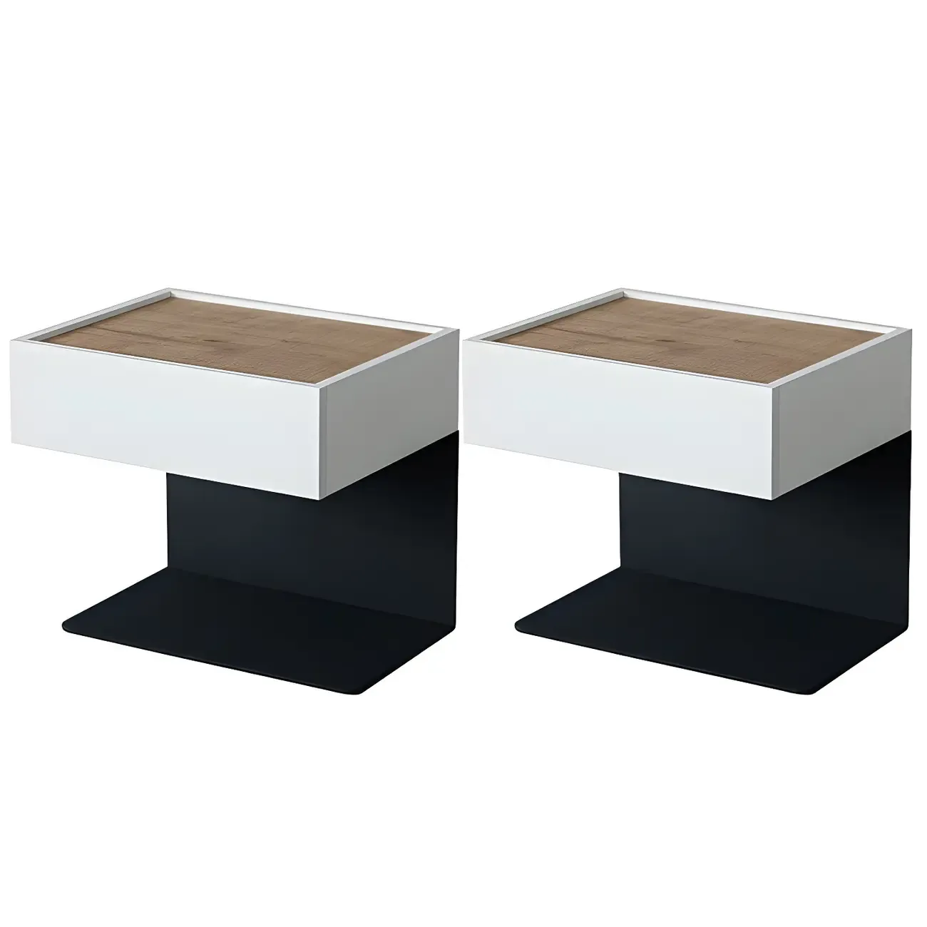 Black Steel Wood C-Shaped Drawer Nightstand with Light