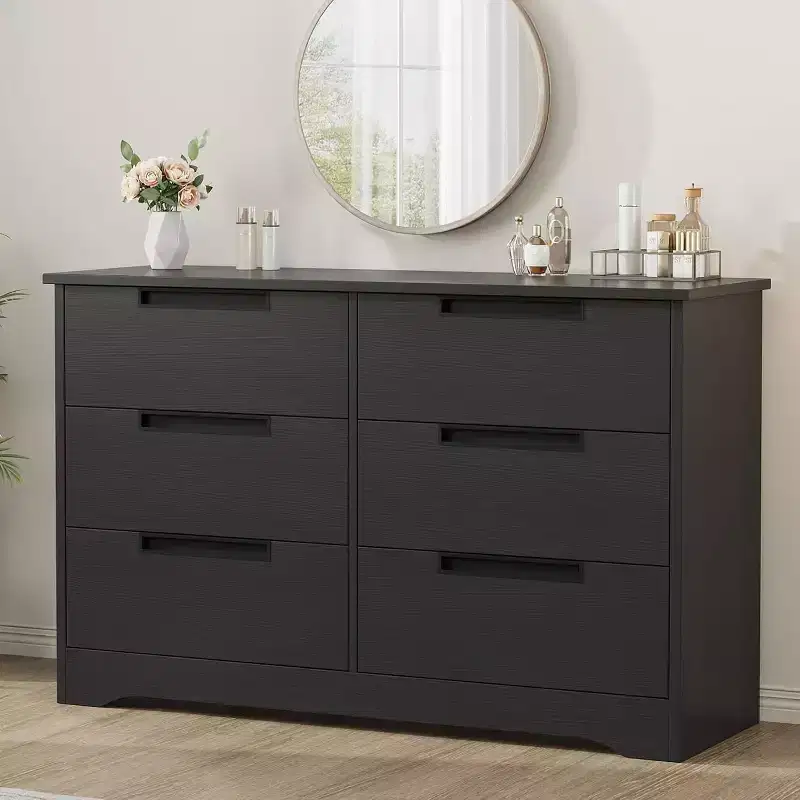 Acekool 6 Drawer Dresser for Bedroom, Modern Black Wide Storage Organizer Chest, Embedded Handles, Wooden Dresser for Living Room, Nursery, Hallway