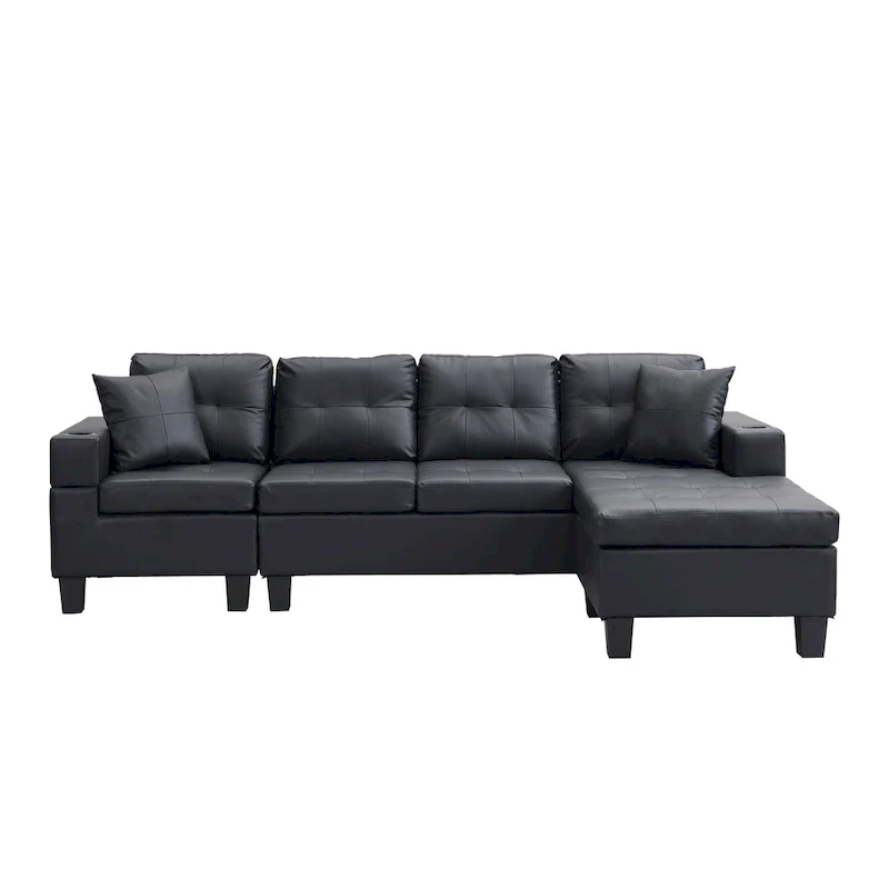Black 96.06 Modern L-Shaped 4 Seater Sectional Sofa with Chaise Lounge, Cup Holders, and Throw Pillows