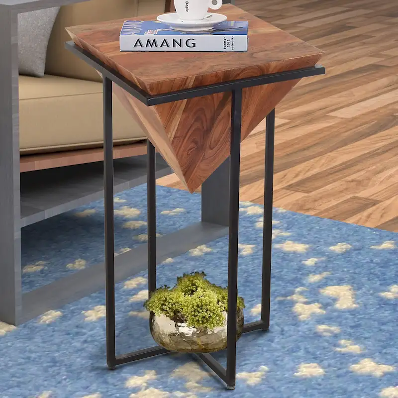 26 Inch Pyramid Shape Acacia Wood Side Table With Cross Iron Base, Brown and Black