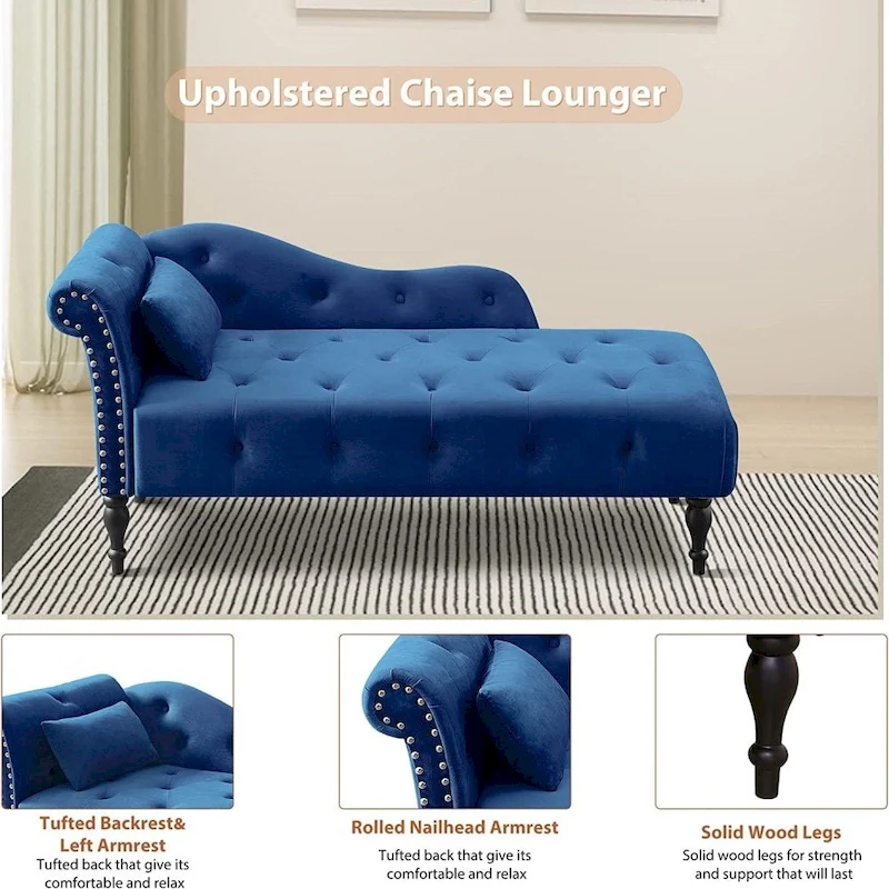 61 Velvet Chaise Lounge Chair with 1 Pillow and Nailhead Trimmed