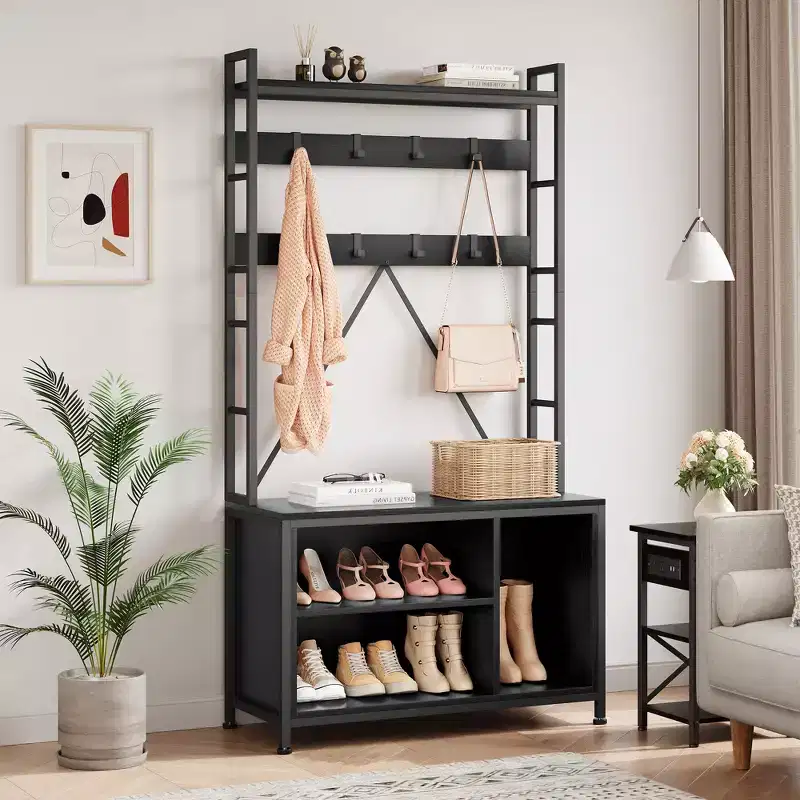 Shoe Rack for Closet, 36.41 Hall Tree with Shoe Storage Bench, 3 in 1 Hallway / Entryway Bench with Coat Rack & Wall Rack 8 Hooks, Industrial Bench