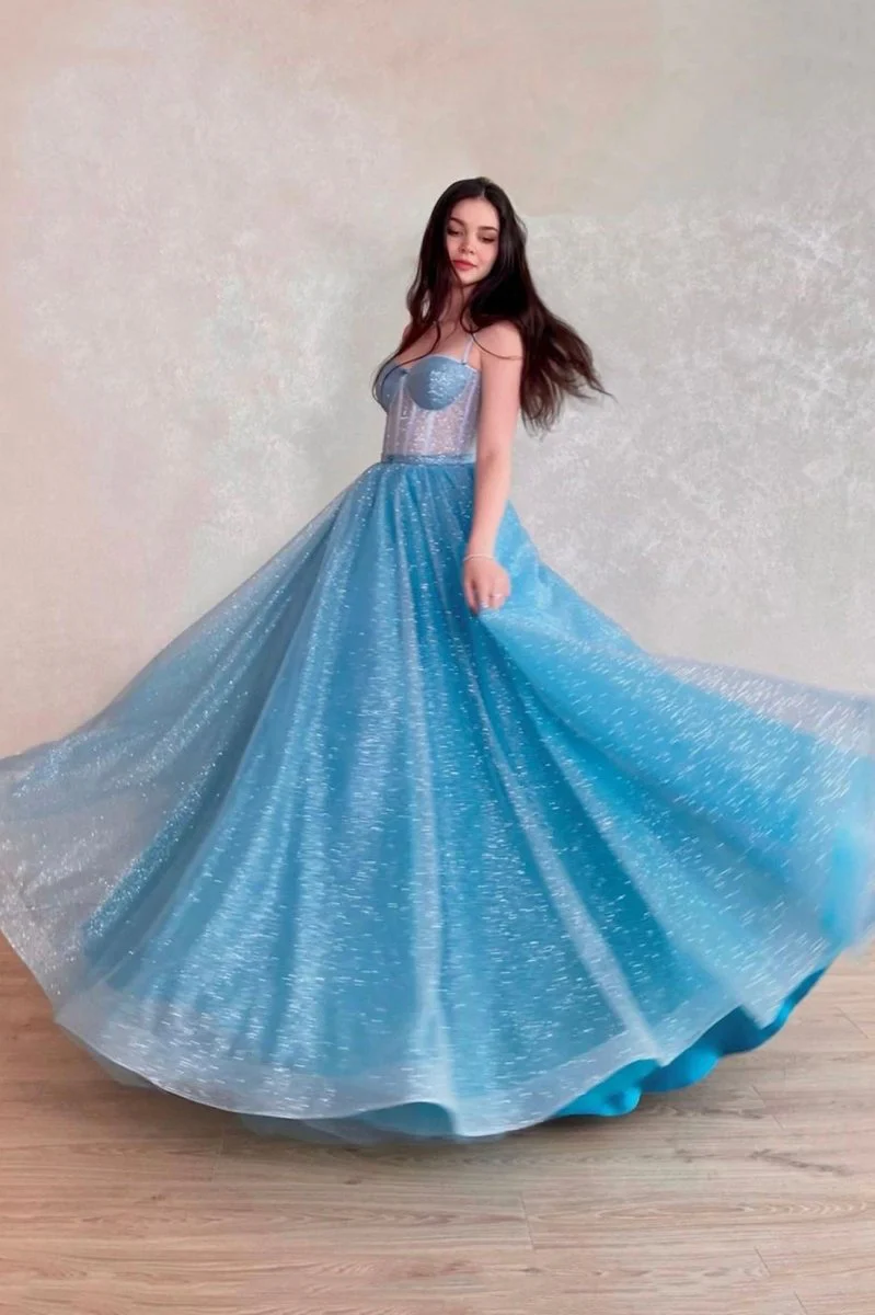 Blue Tulle Long A-Line Prom Dress, Blue Lace-Up Evening Dress with Corset