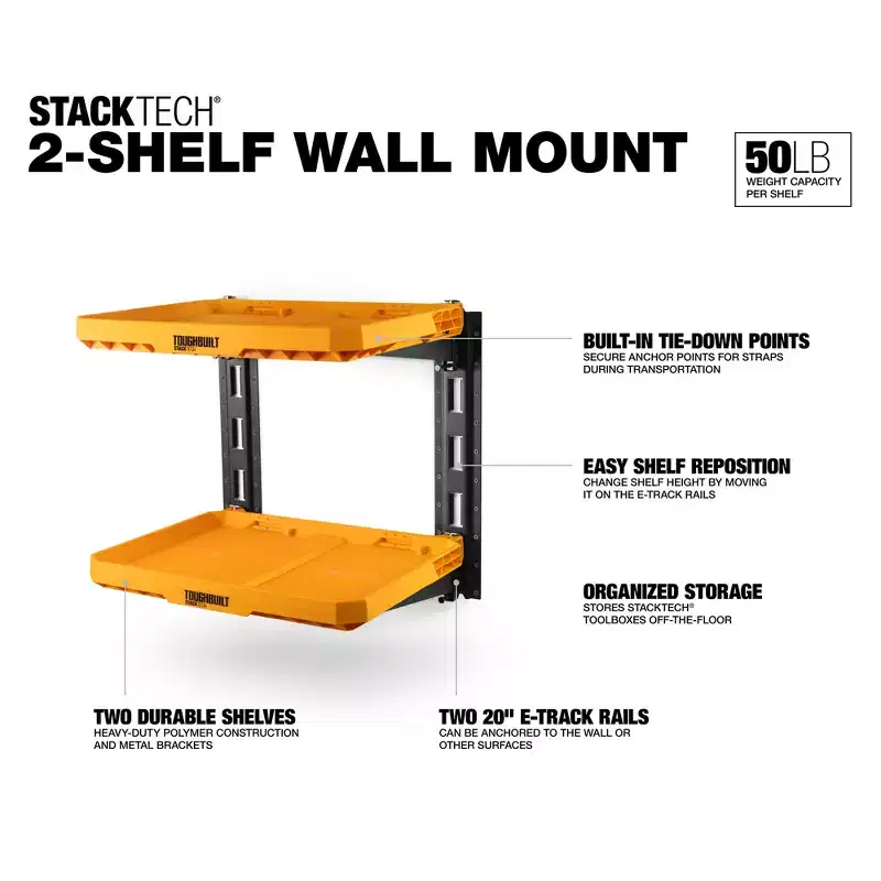ToughBuilt StackTech 2-Shelf System, Wall Mounted Hanging Organizer Shelves, Organization for Tool, Garage, and Wood Shop Storage, Yellow