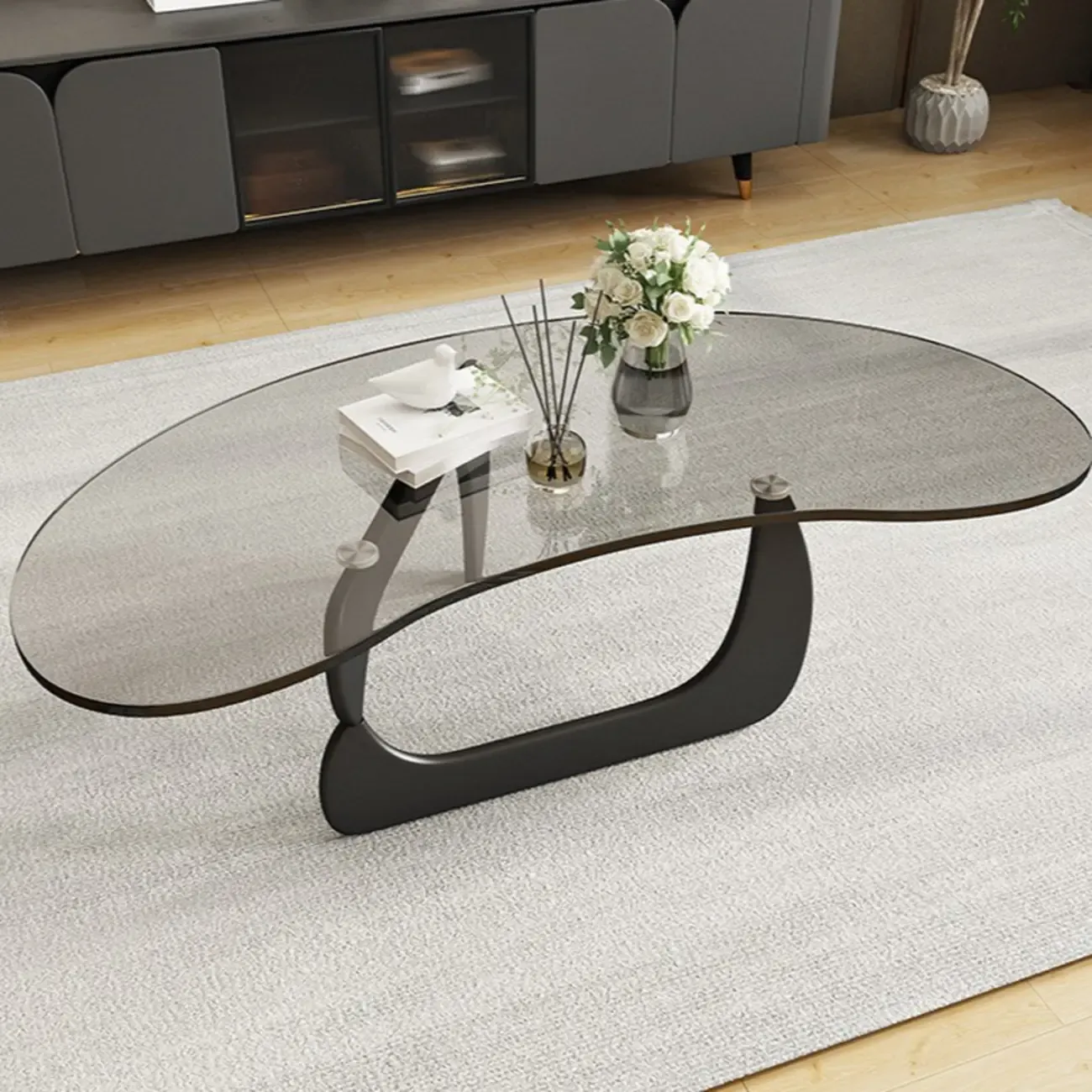 Nordic Free Form Glass Top Coffee Table in Abstract Base