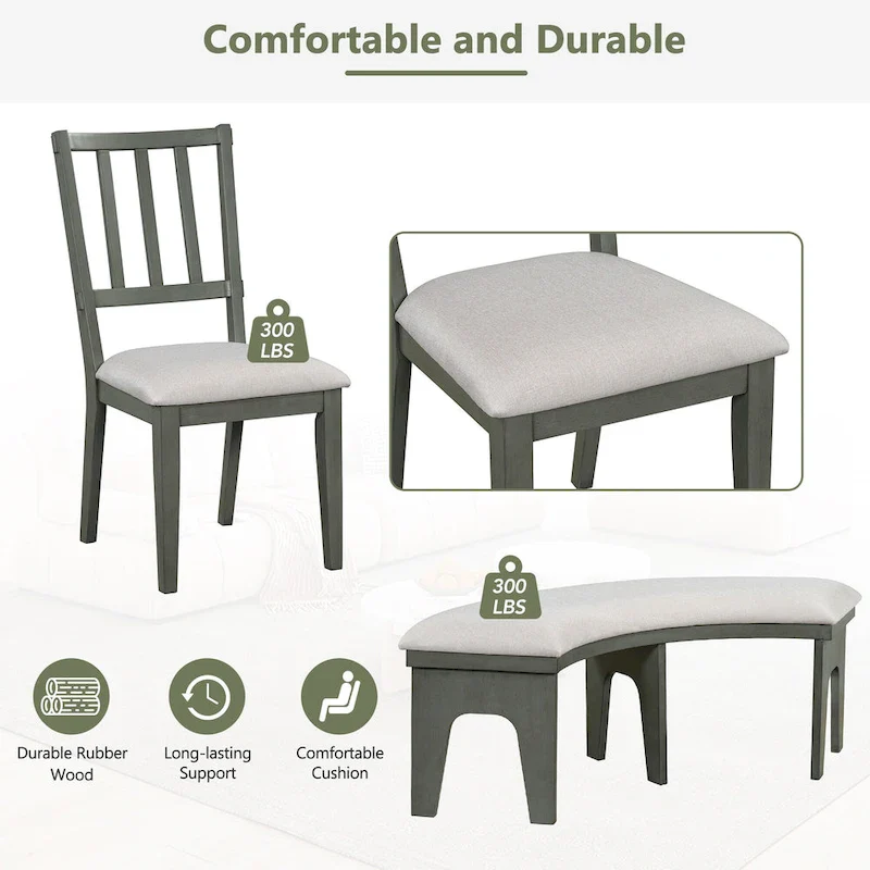 Modern Country Dining Table and Chair Sets Multi-Functional Dining Table and Chair Sets with Curved Table Base and Curved Bench