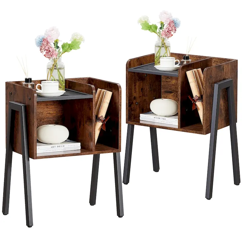 of 2 Industrial Nightstands with Storage Shelves,Brown
