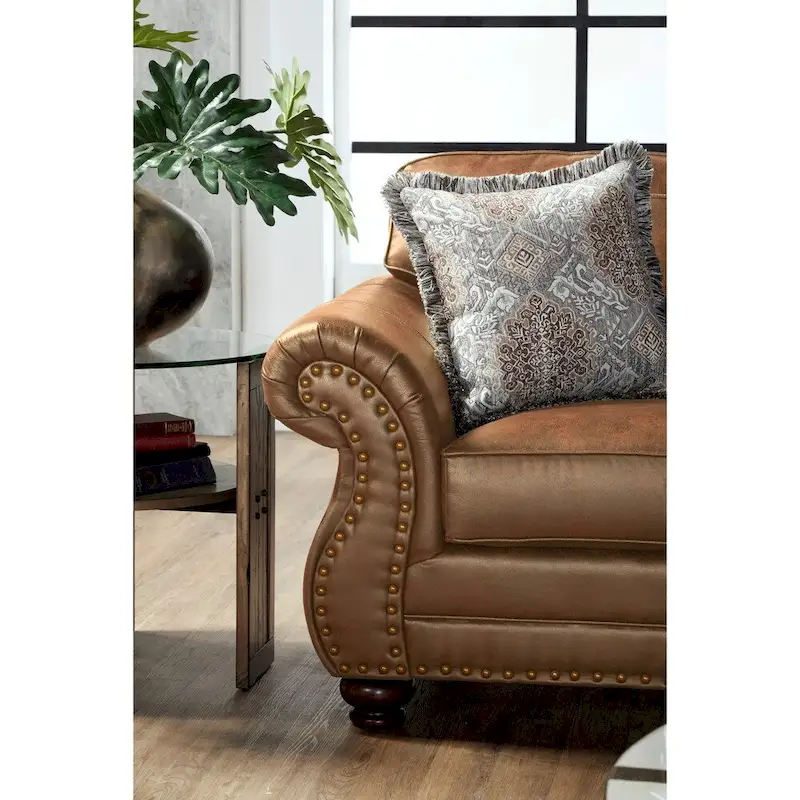 Leinster Fabric Sofa with Antique Bronze Nailheads in Jetson Ginger