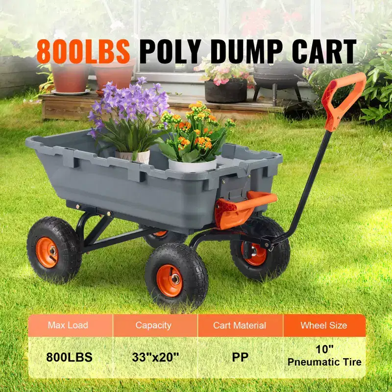 Poly Garden Dump Cart with Easy Assemble Steel Frame, 2-in-1 Convertible Handle, 800 lbs Capacity, 10 inch Tires
