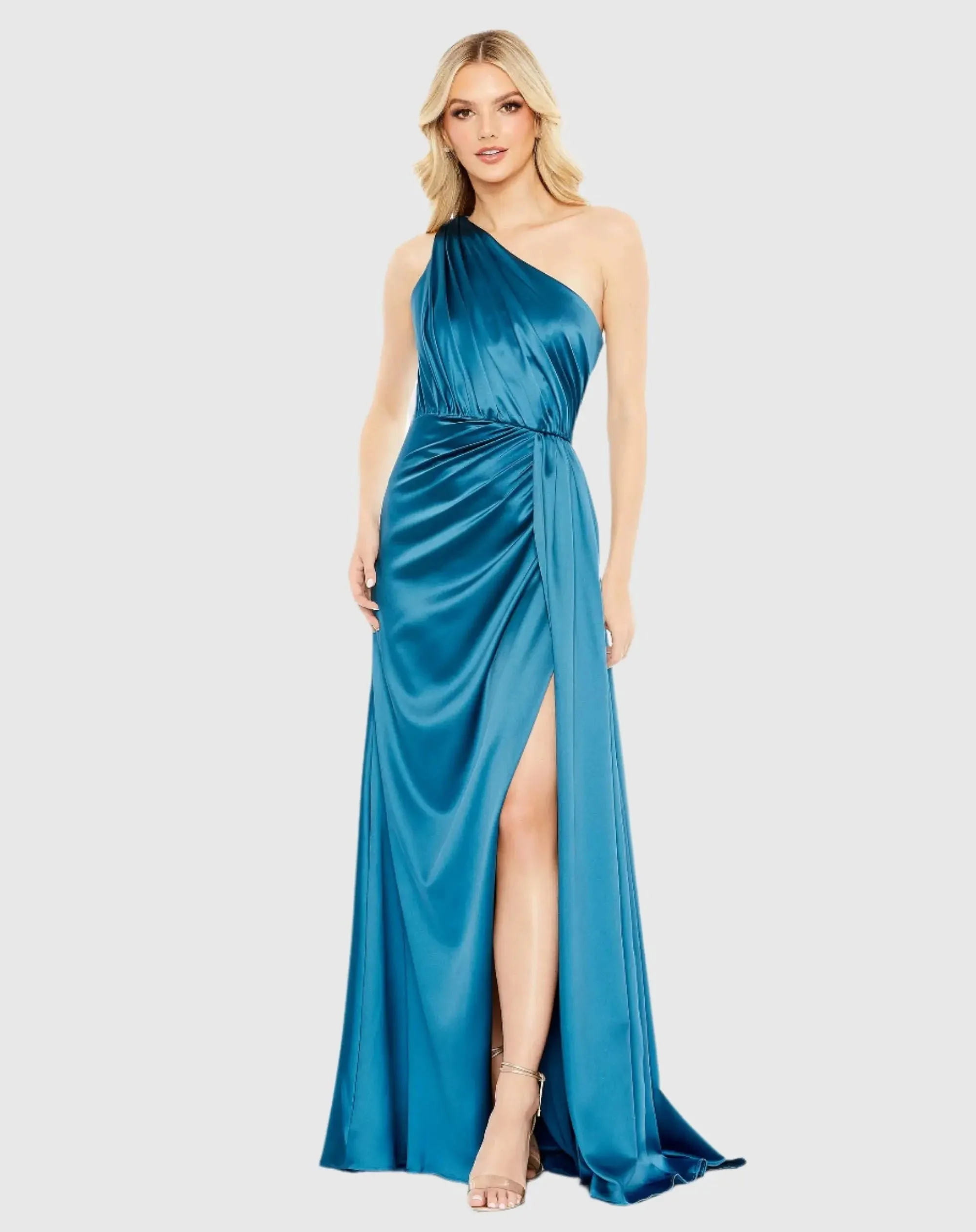 Gathered One Shoulder Satin Faux Wrap Gown