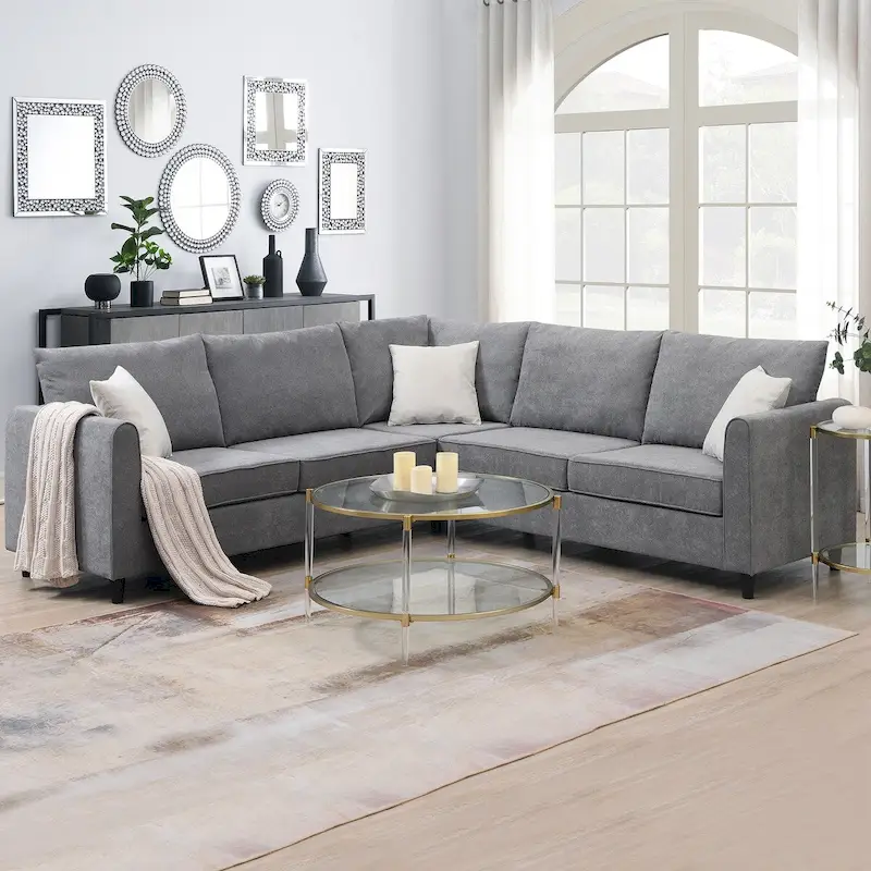 91*91 Modern Upholstered Living Room Sectional Sofa, L Shape Furniture Couch with 3 Pillows
