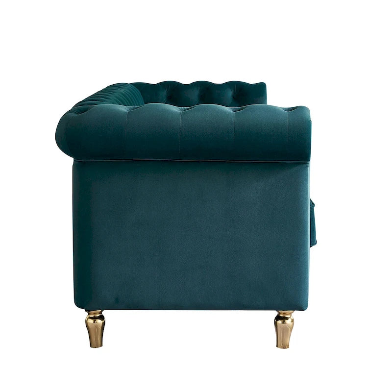 Green / Pink Velvet Chesterfield Sofa with Gold Trim & Button Tufting – 2-Seat