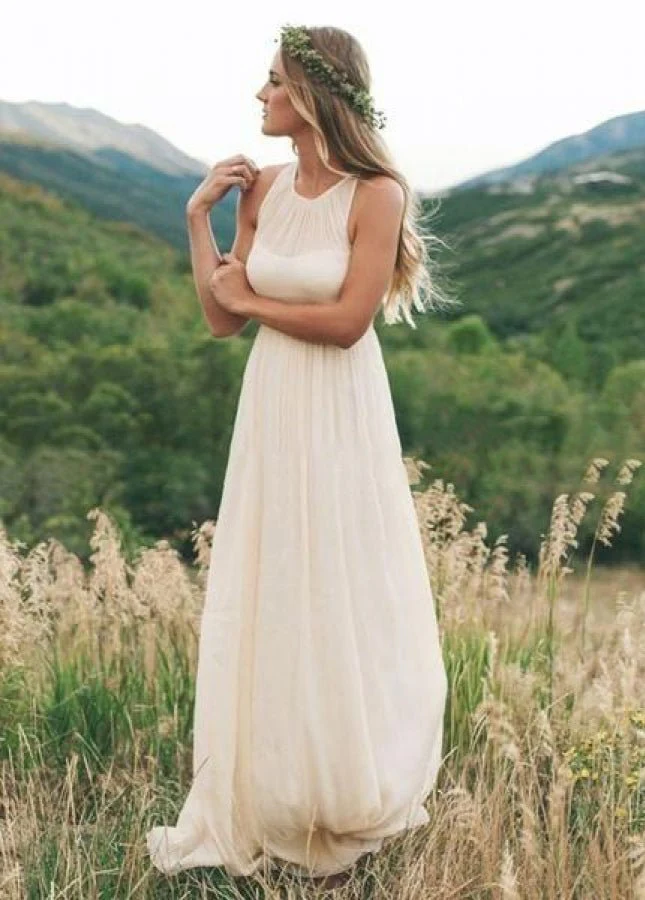 Elegant Bohemian Sleeveless Long A Line Chiffon Wedding Dresses