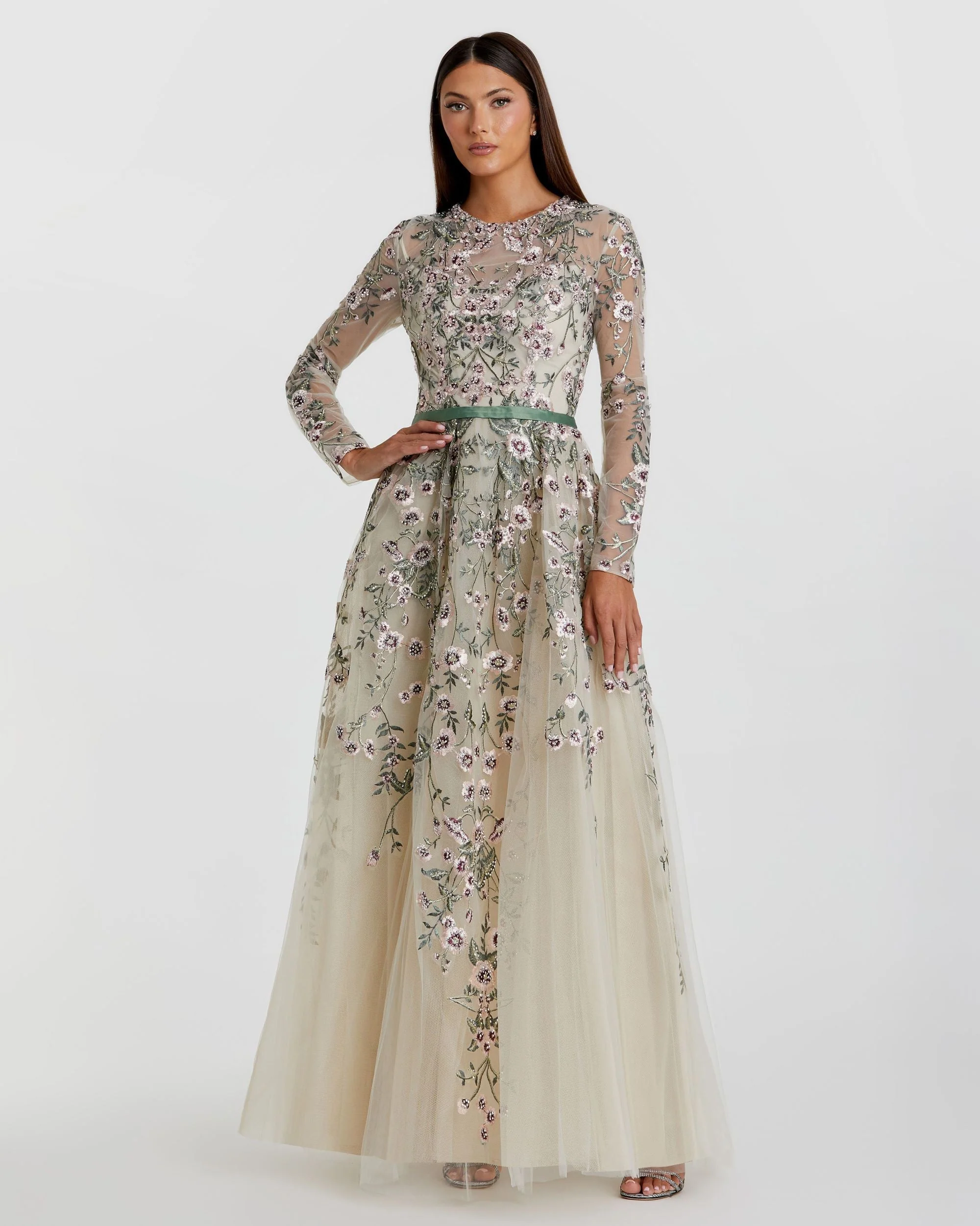 Multicolor Long Sleeve Floral Embellished A-Line Gown