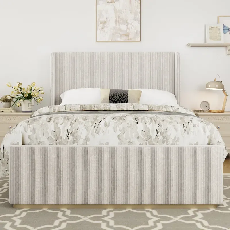 Roomfitters Queen/King Size Upholstered Bed, Corduroy Frame, Wingback Headboard, High Footboard, Light Grey