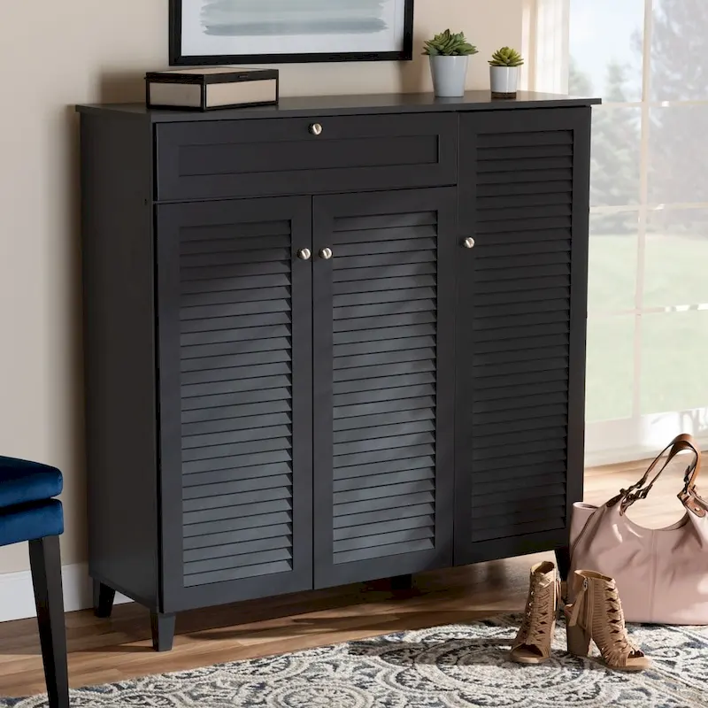 11-Shelf Wood Shoe Storage Cabinet with Drawer – Dark Gray / Walnut, Holds 21 Pairs