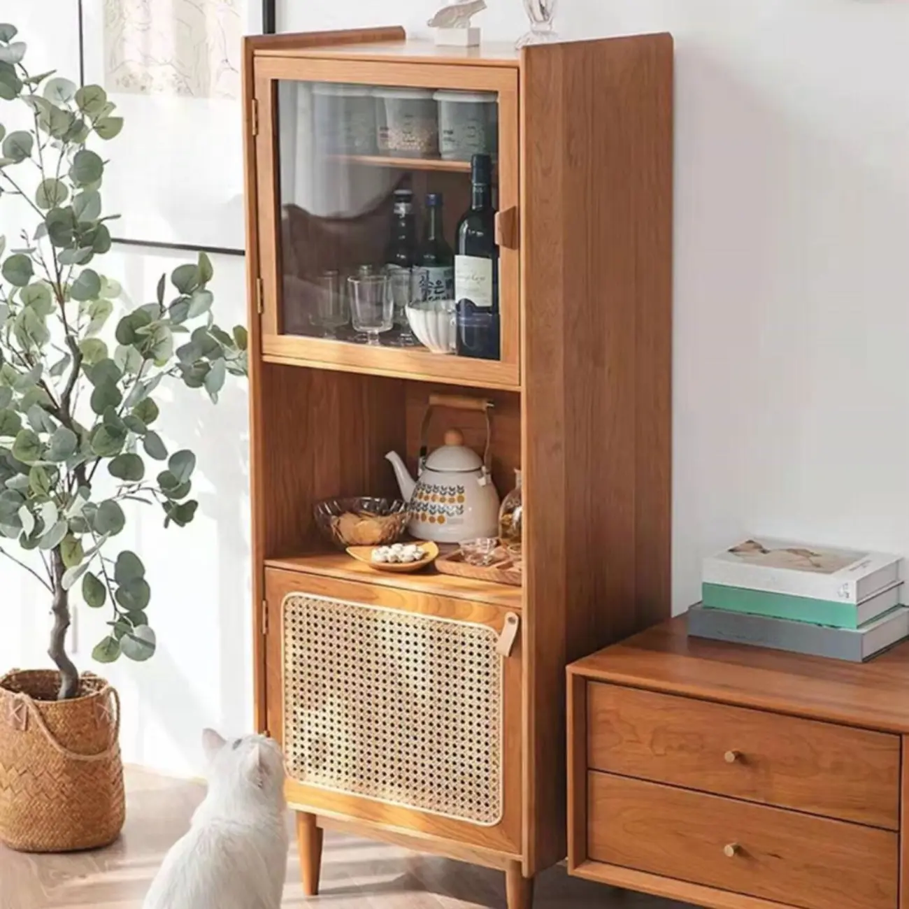 3-Tier Versatile Natural Cherry Wood Glass Rattan Utility Cabinet