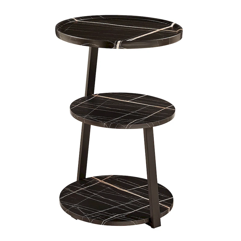Skylar Round 3-Tier Side Accent Table with Raised Lip Edge Tabletop and Midcentury Modern Metal Asymmetric Pedestal Legs