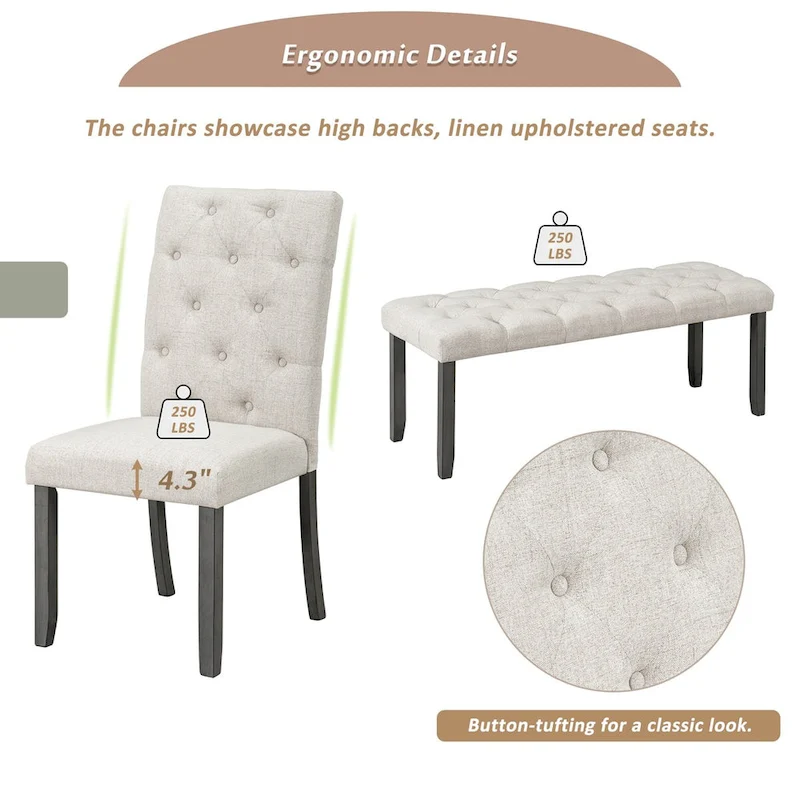 6-Piece Farmhouse Dining Table Set 72 Wood Rectangular Table, 4 Upholstered Chairs with Bench