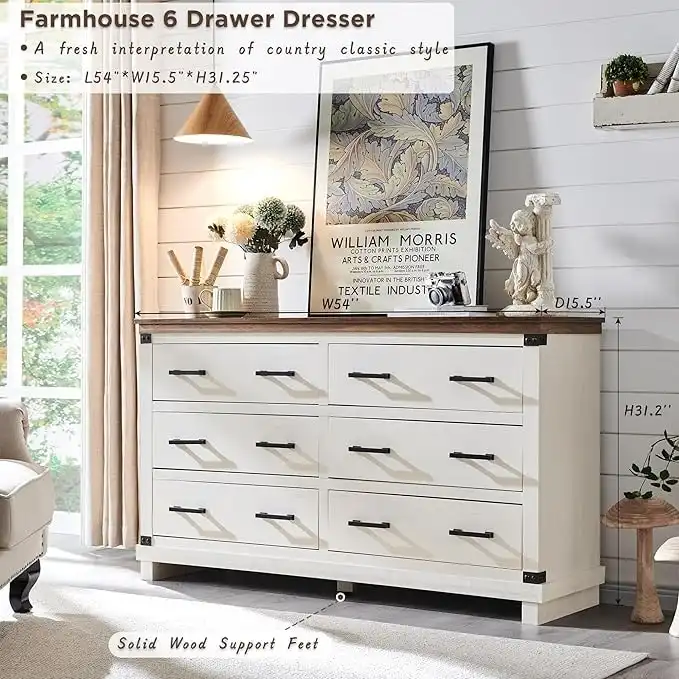 Farmhouse 6 Drawers Dresser, Wood Chest of Drawers, Closet Dresser