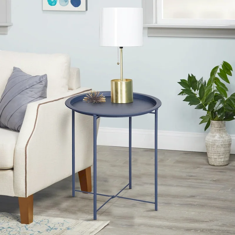 Folding Round TV Tray Tables, Small Round Steel Side Table, No Assembly Required - 18.5 x 18.5 x 19.7 in