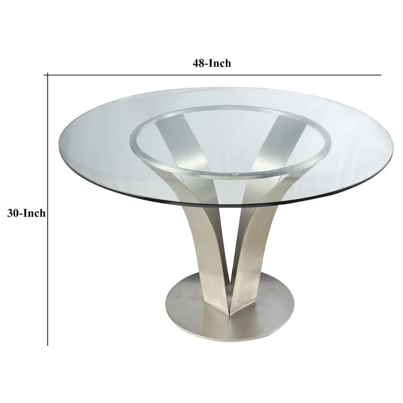 48 Inch Dining Table with Round Glass Top and Metal Base, Chrome