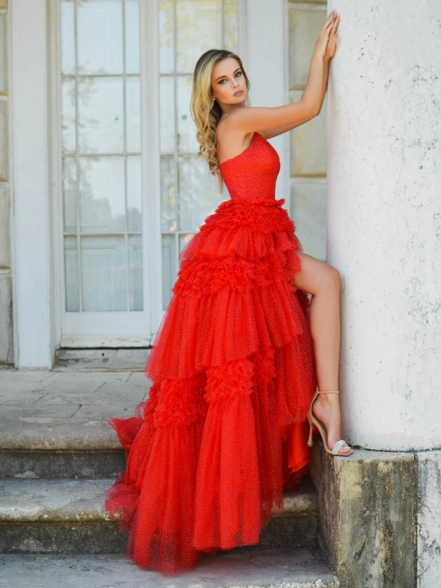 Tulle Deep V Neck Spaghetti Straps Long Prom Dress