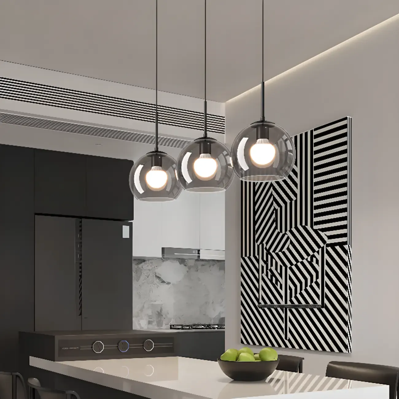 Modern 3-Light Glass Kitchen Pendant Light Adjustable Height