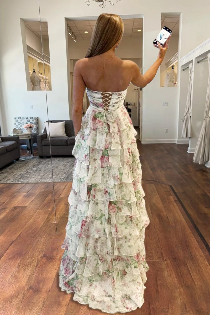 Ivory Strapless A Line Floral Chiffon Ruffled Formal Prom Dresses With Slit