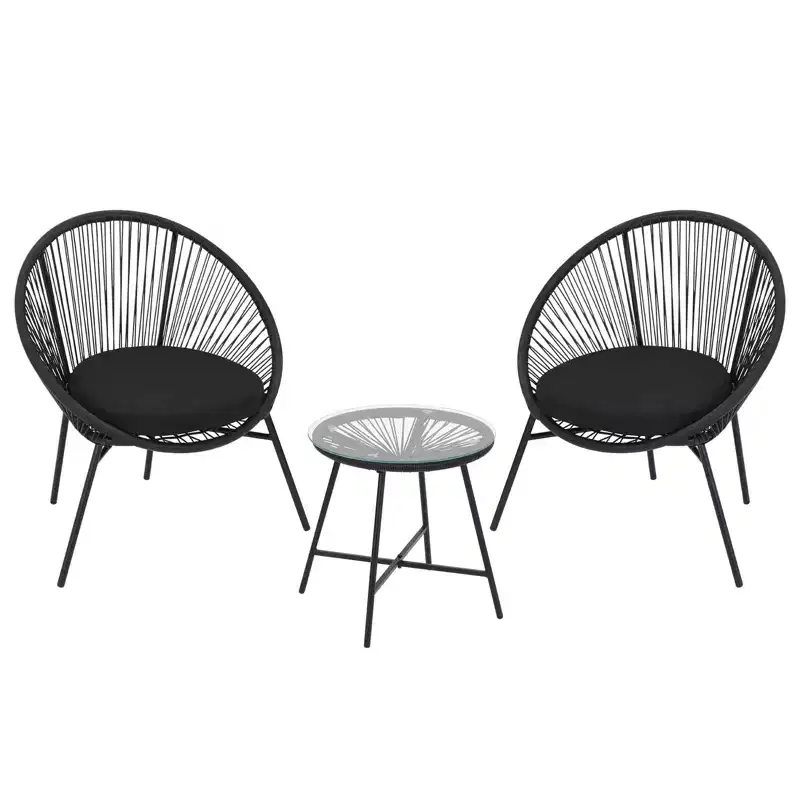 3-Piece Outdoor Rattan Bistro Set with 2 Cushioned Chairs & Tempered Glass Table, Weather-Resistant PE Wicker Patio Furniture for Porch, Garden