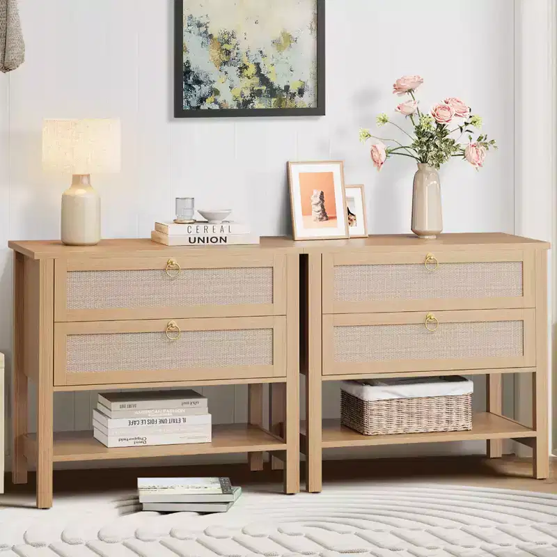 COZONY Nightstands Set of 2, Rattan Bedside Tables with Drawers and Storage Shelf, Narrow Mid Century Modern Nightstand for Bedroom