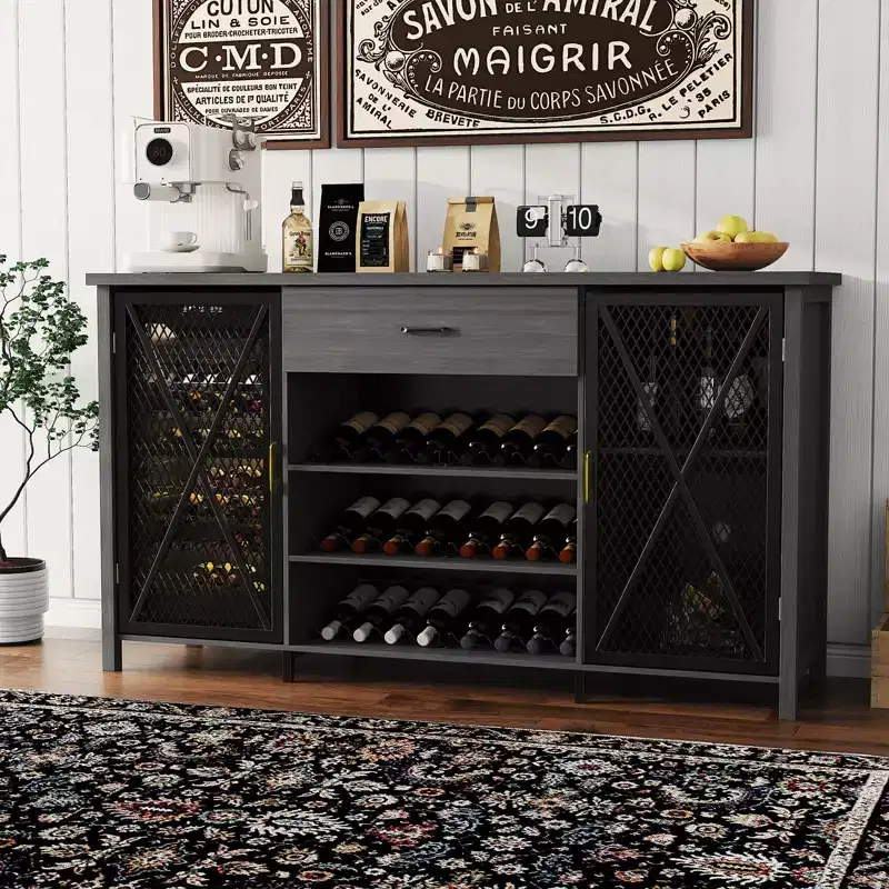 Coffee Bar Cabinet with Fridge Space, Large Wine Liquor Cabinet with Rack, Sideboard Buffet Cabinet w/ Drawer Storage for Kitchen Dining Room, Black