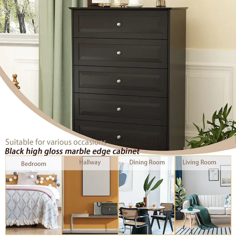 Black 5-Drawer Dresser with Wood Legs