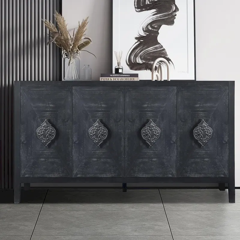 Antique Four Door Cabinet withCarved Flower Door Handle