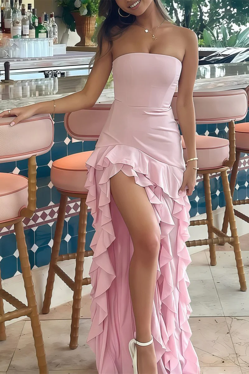 Pink Sheath Strapless Chiffon Long Prom Dresses With Ruffles